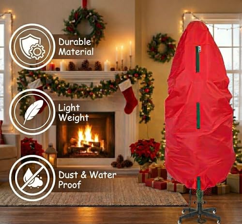 Upright Christmas Tree Storage Bag - Fits 7 Ft Artificial Xmas & Topiary Tree, Vertical Holiday Cover, Durable, Dustproof & Easy-Use Xmas Storage, Red