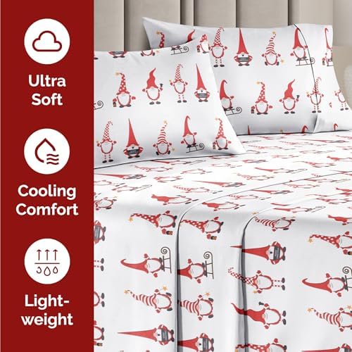 Christmas Sheet Set, Holiday Gnomes Red, Xmas Bedding Set - Cal King Size
