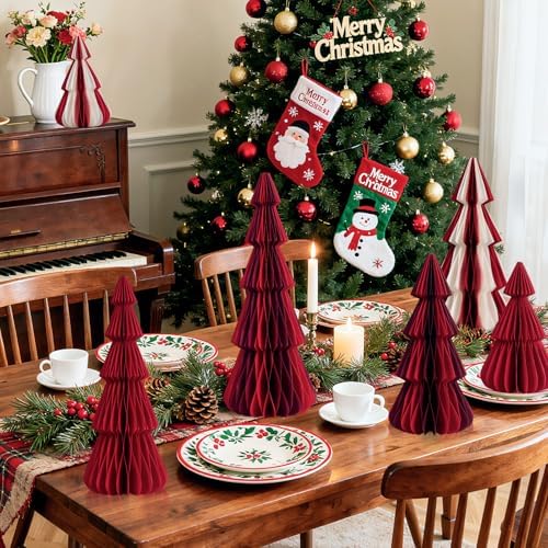 SUNBEAUTY 6 PCS Honeycomb Paper Christmas Tree Red White Paper Christmas Tree Decor 3D Honeycomb Trees Table Centerpiece Vintage Reusable Table Decor for Xmas Holiday Home Party Decorations