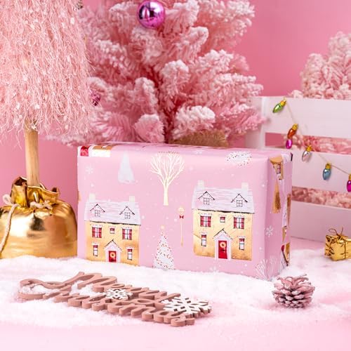 WRAPAHOLIC 30 Inch Jumbo Reversible Christmas Wrapping Paper - 30 Inch x 100 Feet Jumbo Roll Pink House and Solid Pink Wrapping Paper with Metallic Foil Shine for Chrsitmas, Holiday, Party