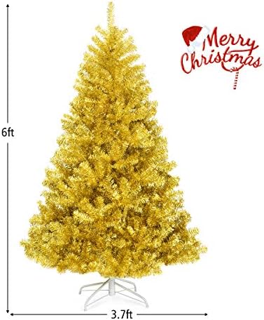 Happygrill 6FT Golden Christmas Tree Artificial Tinsel Xmas Tree with Metal Stand, 1036 Branch Tips Artificial Hinged Christmas Tree for Holiday Decoration