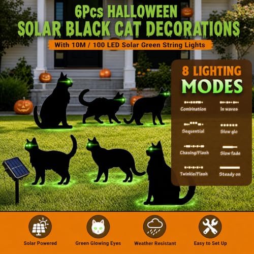 6 Pack Halloween Black Cat Yard Decorations, Solar Powered Green Eyes