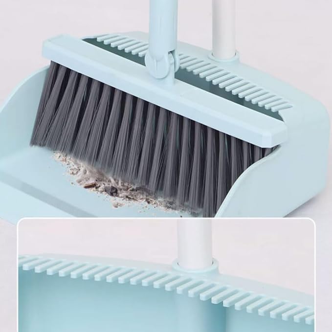 Modern Standing Dustpan and Broom Set for Home Self-Cleaning with Dustpan Teeth and Broom Long Handled Convenient, A Green 2 Pcs