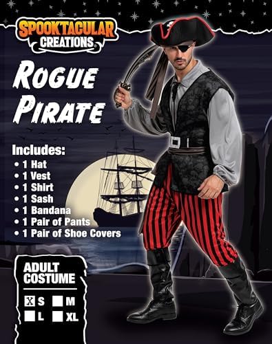 Spooktacular Creations Men Pirate Costume, Adult Pirate Shirt Vest Viking Pants Hat Set for Halloween Themed Parties