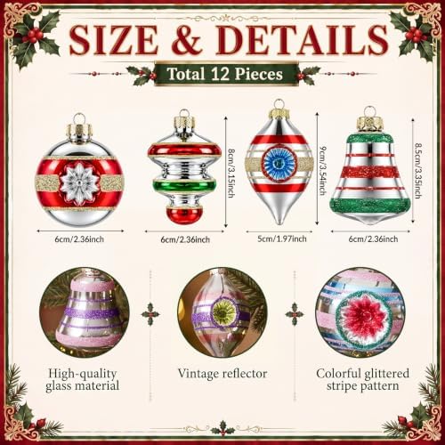 12 Pcs Christmas Vintage Glass Reflector Ornament,Striped