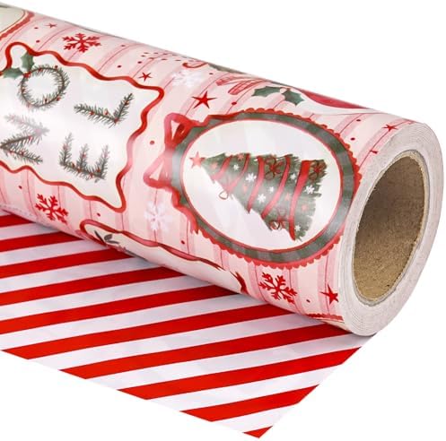 WRAPAHOLIC 30 Inch Reversible Christmas Wrapping Paper - 30 Inch x 33 Feet - Pink & Red Classic Christmas Decor and Stripes Wrapping Paper for Xmas Holiday, Party Celebration
