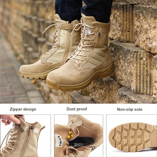 Men's Military Tactical Work Boots with Side Zipper, Puncture Resistant, Desert Combat, Army Jungle, 8 Inch Lightweight Hiking Boots