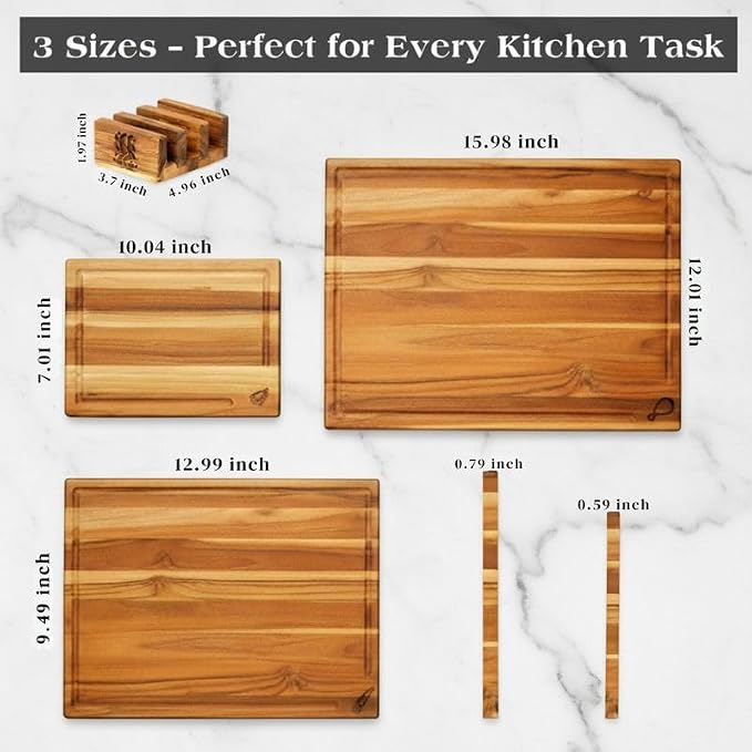 Acacia Wood Cutting Board Set of 3 with Stand, Thick Butcher Block Boards w/Deep Juice Grooves for Meat Prep & Serving, Premium Solid Hardwood, Non-Toxic, BPA-Free by New M Way