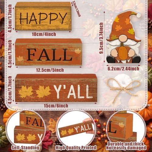Lineshading 4 Pcs Fall Table Decor Wooden Block Signs with Gnome Set