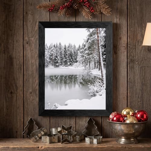 Framed Frozen Pond Canvas Wall Art, Winter Pines, Black Frame Inch 12x16