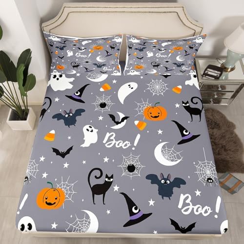 Halloween Theme Sheet Set Kids Boys Girls Pumpkin Lantern Fitted Sheets Set Full Size Owl Cat Ghost Bedding Sheet Sets Includes 1 Flat Sheet,1 Fitted Sheet,2 Pillowcases