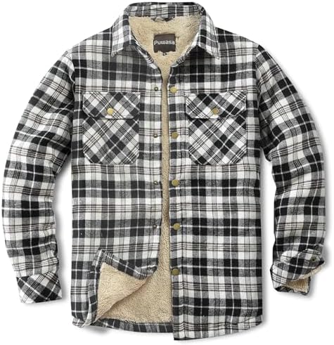 Men's Sherpa Cotton Flannel Shirt Jacket Plaid Button Coat Pocket