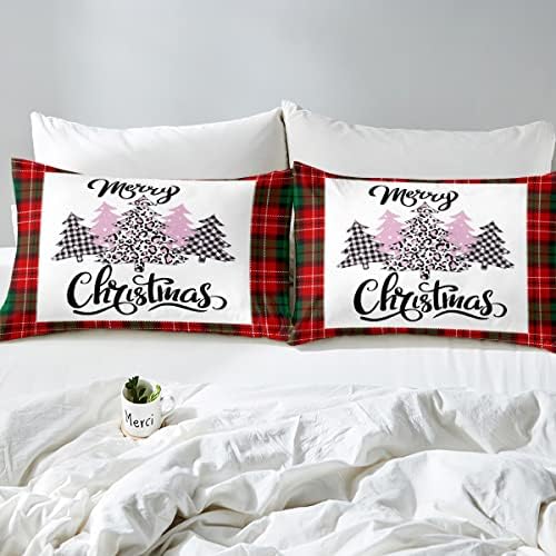 Castle Fairy Christmas Tree Sheet Set Kids Boys Girls Striped Grid Fitted Sheets Set Full Size Red Green Grid Bedding Sheet Sets Includes 1 Flat Sheet,1 Fitted Sheet,2 Pillowcases