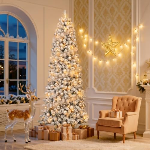 DWVO 6ft Pre-Lit Flocked Pencil Christmas Tree 300 Lights Remote Control