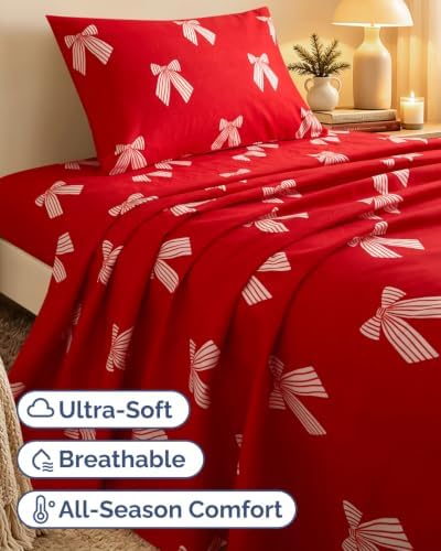 Christmas Sheet Set, Red Ribbon Bows, Holiday Xmas Bedding Set - Twin Size