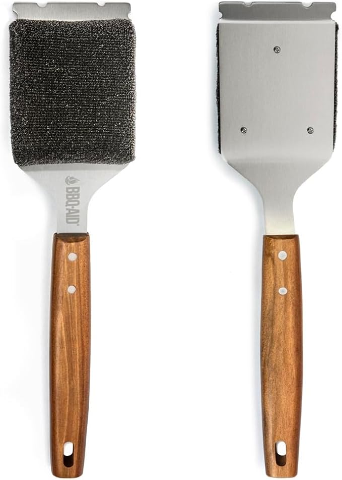 BBQ-AID Bristle Free Grill Brush and Scraper for Barbecue - Extended Large Wooden Handle with Replaceable Head - No Scratch BBQ Cleaning Accessories for Outdoor Grills