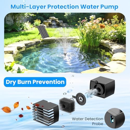 Antfraer 7W Solar Pond Filter with 3600mAh Battery Backup & Fountain Pump, Solar Water Fountain Pump with 8 Nozzles & PVC Tubing, Solar Fountain for Bird Bath, Small Ponds, Waterfall, Hydroponics