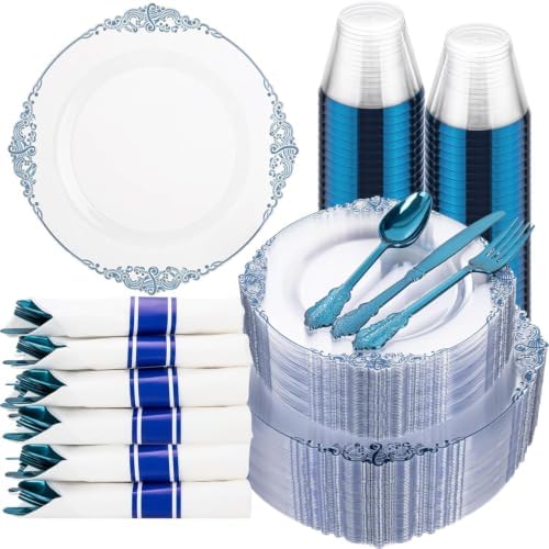 Hioasis 350pcs Clear Blue Plastic Plates 10.25"