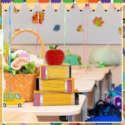 Lineshading 4 Pcs Back To School Table Decor Wooden Apple Block Signs