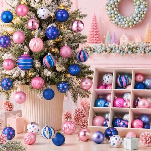 Lunmon 64 Pcs Blue Pink Christmas Ball Ornaments Set Cartoon Xmas Baubles