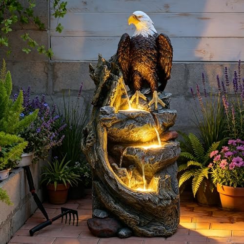 Bald Eagle Outdoor Fountain, 40.5" H Large Cascading Waterfall Feature