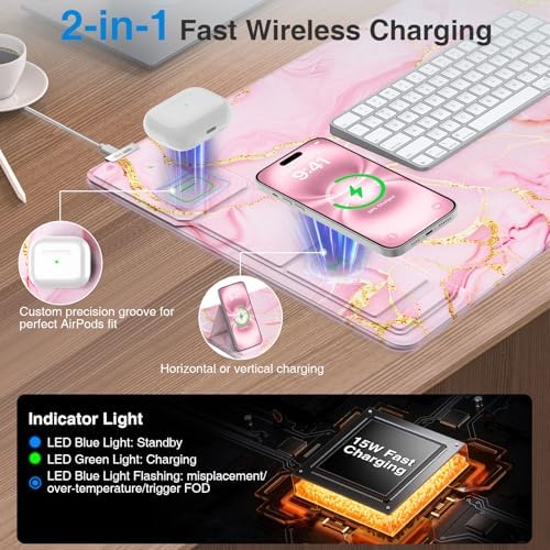 Wireless Charging Mouse Pad with Phone Holder, 31.5"x15.8" in, Pink Marble