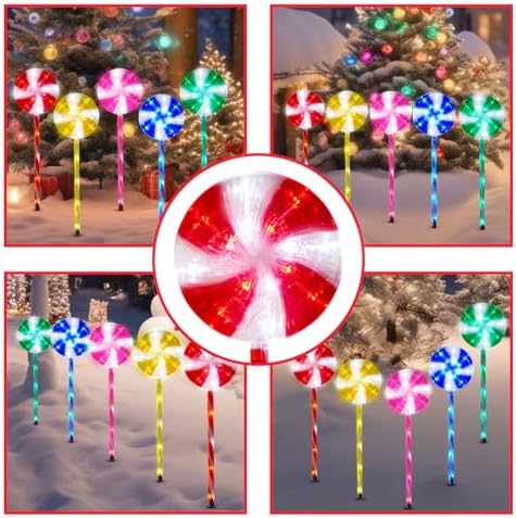 BRIGHTDECK 5 Pack Solar Christmas Pathway Lights, Multi Lollipop Stakes