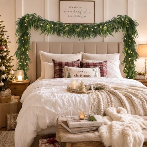 N&T NIETING 15FT Christmas Norfolk Pine Pre-Lit Garland with 125 LED Lights Real Touch Prelit Garland Christmas Greenery Garland for Table Mantle Fireplace Stairs Indoor Outdoor Xmas Decorations