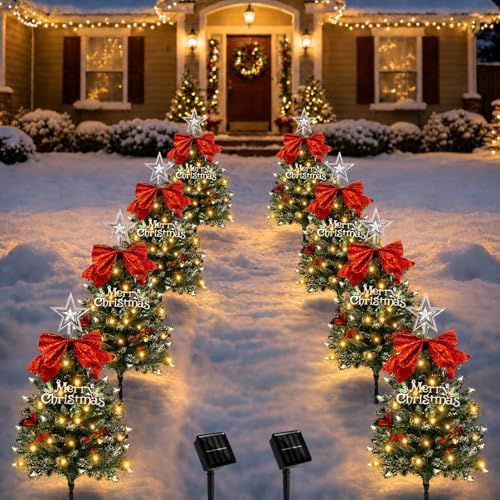 Christmas Tree Solar Pathway Lights Outdoor Decor, 8 Pack, Snowy