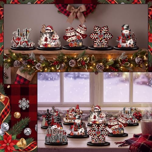 Leinuosen 12 Pcs Christmas Table Decorations Buffalo Plaid Red Black Christmas Tiered Tray Decor Wooden Gnome Santa Claus Table Centerpieces Farmhouse Xmas Decor for Home Kitchen Coffee Bar Shelf