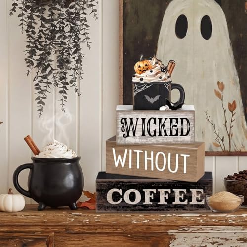 Lineshading 4 Pcs Halloween Coffee Table Decor, Gothic Black Wood Sign Home