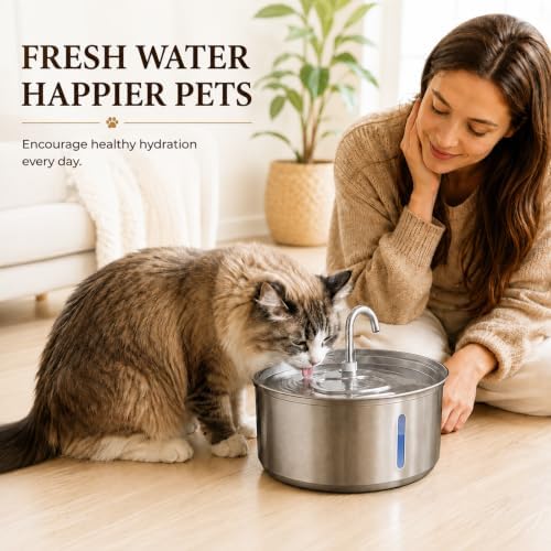 FreshFlow Cat Water Fountain, Stainless Steel Pet Drinking Fountain with Triple Filtration for Cats and Dogs, Automatic Pet Water Fountain，Silver 2.11 GAL