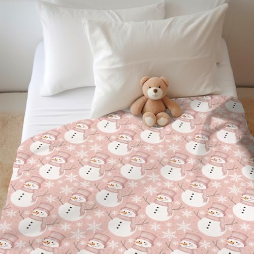 Watercolor Pink Snowman Baby Blankets for Girl Christmas Snowman Snowflakes Girly Soft Flannel Swaddle Receiving Blankets for Infant Toddler Crib Winter Holiday Nursery Bed Blanket 50x60inch