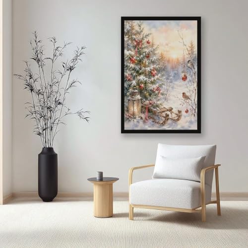 Snowy Christmas Tree Canvas Wall Art Winter Sled Birds Decor Black Frame