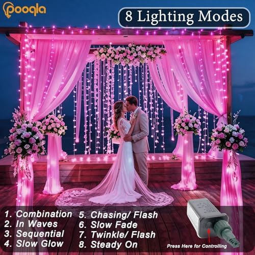 Pooqla 500 LED String Lights Indoor Outdoor, 164 ft Pink Christmas Lights Plug in with Timer, Connectable 8 Modes Waterproof Clear Wire Twinkle Fairy Lights for Wedding Xmas Tree Halloween Decor