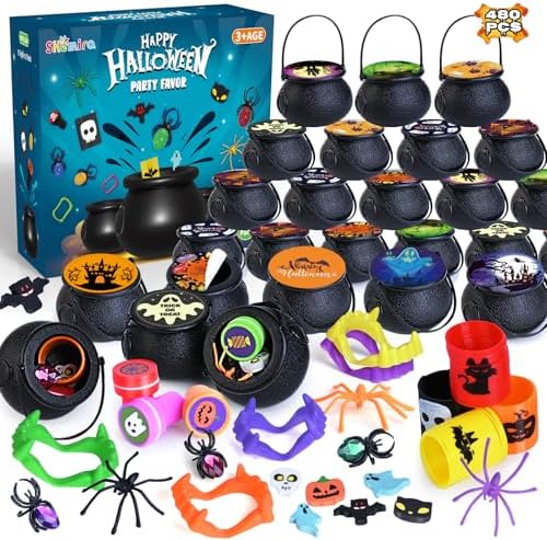 Shemira 480 PCS Halloween Party Favors Bulk for Kids, 60 Pack Prefilled Witch Cauldrons with Halloween Toys, Halloween Goodie Bag Fillers, Halloween Party Supplies, Halloween Miniatures Novelty Toys