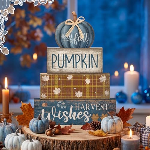Lineshading 4 Pcs Blue Pumpkin Wooden Block Signs Fall Farmhouse Decor