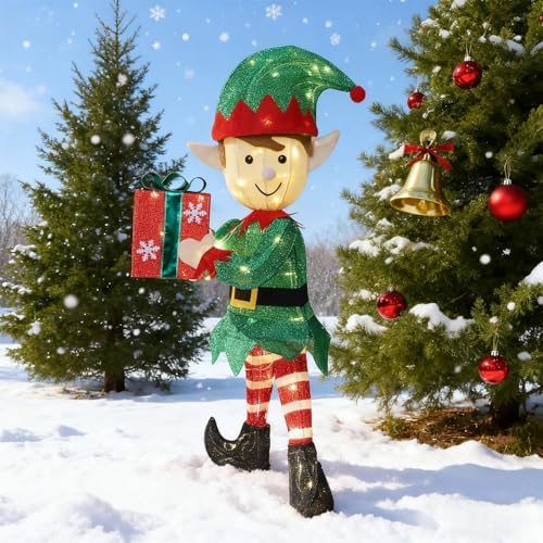 Hausse Lighted Christmas Outdoor Decor, 38" Height Pre-Lit 3D Tinsel Xmas Green Elf Figure, Light Up Xmas Yard Displays, Plug in for Holiday Party New Year Winter Patio Lawn Garden