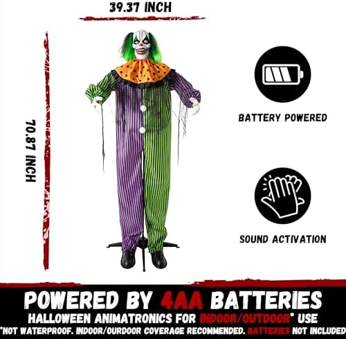 Halloween Decorations Animatronic Clown 72" Horror Clown Animated Standing Sound Activated Red Eyes Moving Head Side to Side Creepy Voice for Graveyard Porch Outdoor Haunted House Halloween Party Prop