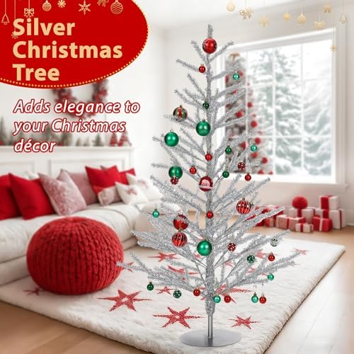 4ft Silver Tinsel Christmas Tree, Retro Aluminum Christmas Tree