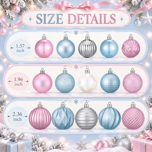 Lunmon 64 Pcs Pastel Christmas Ball Ornaments for Tree Pink Blue White Silver Xmas Bulbs Ornaments 1.6/1.97/2.4 Inch Macaron Candyland Baubles Shatterproof Christmas Decorations for Tree Home Wreath