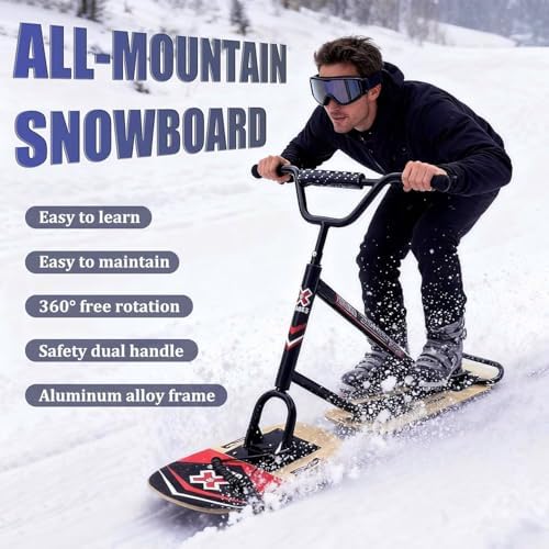 Snow Scooter Sled with 360° Spinning Ski Boards, High-Strength Aluminum Chassis & Maple Wood Platform for Family Fun and Snow Adventures, All Skill Levels
