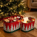 Set of 2 Christmas Metal Buckets, Oval Decorative Planters with Embossed Snow Pine Tree, Distressed Red Green Holiday Storage Tubs for Mini Christmas Tree, Tabletop & Porch Xmas Decor