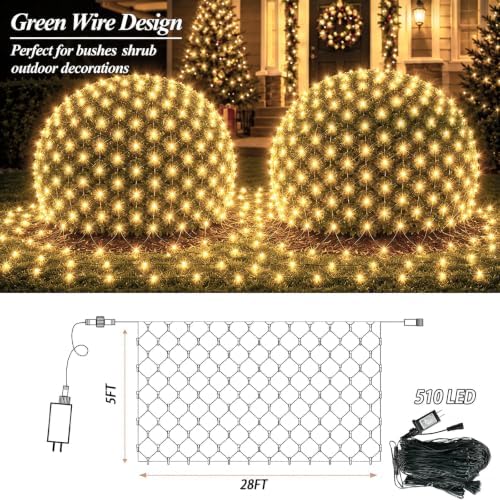 Lovelite 510LED Christmas Net Lights, 28ft x 5ft Net Lights Outdoor 8 Modes, Waterproof Connectable String Lights Green Wire Plug in for Xmas Tree Bushes Garden Holiday Party Decor - Warm White