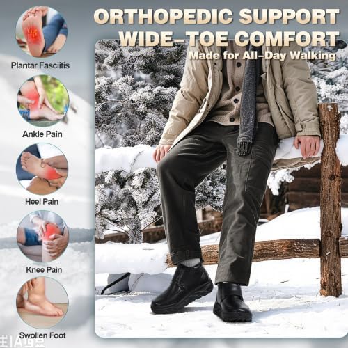 OrthoComfoot Orthopedic Diabetic Winter Leather Ankle Boots for Men, Comfortable Casual Wide Width Arch Support Warm Snow Boots for Relief Plantar Fasciitis, Bunions, Swollen Feet & Foot Pain