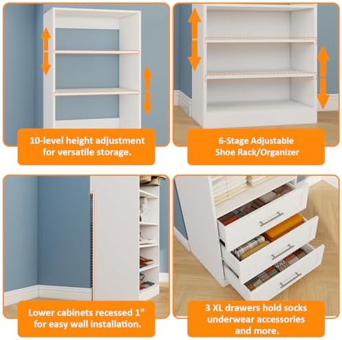 Closet System with 3 Sets, 6–15 FT Closet Organizer System with 6 Drawers, 9 Shelves & 5 Rods, Walk-In Modular Closet System, Custom Built-In Closet Kit, White