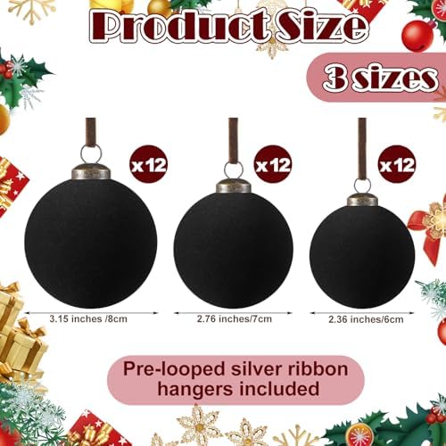 Foilswirl 36 Pcs Black Velvet Christmas Balls, 2.36", 2.76", 3.15"