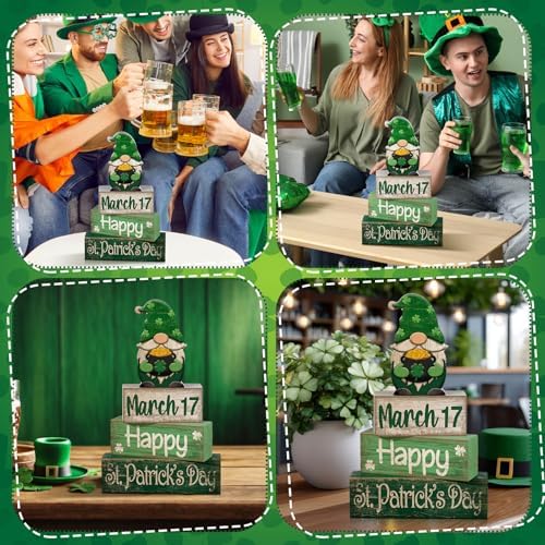 Lineshading 4 Pcs St Patricks Day Tiered Tray Decor Wooden Gnome Blocks