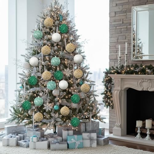 Lyrow 24 Pcs 3.15" Christmas Ball, White,Champagne Gold,Lake Blue,Green