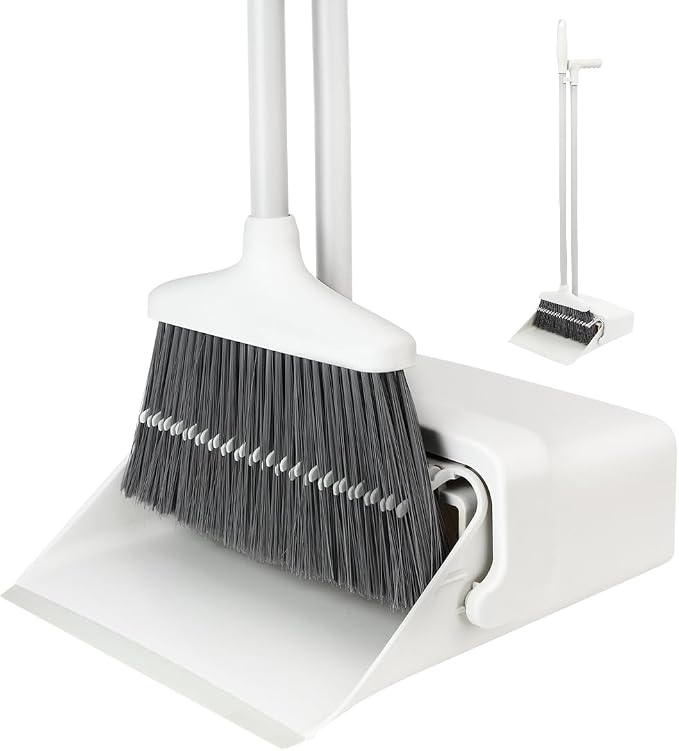 CQT Broom and Dustpan Set with Handle, Brush and Dustpan Set for Home Kitchen Cleaner Floor Sweeping Upright Stand Up Dust pan Cleans Combo (White)